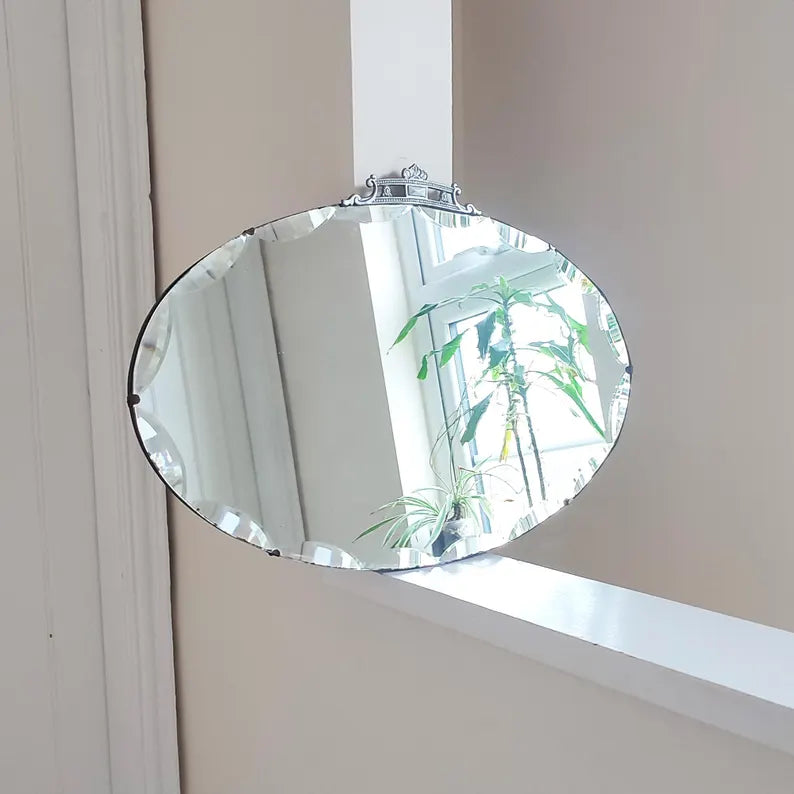 30's Art Deco Oval Wall Mirror w/ Scallop Bevelled Edge & Chrome Crest Detail Distressed Vintage Regency Landscape Accent Mirror 17.5 x 27"