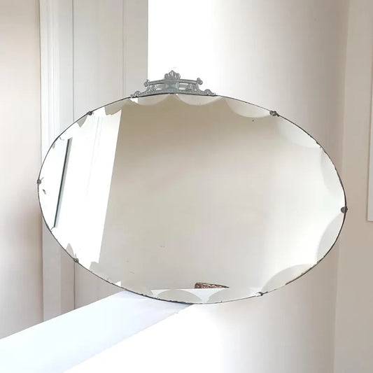 30's Art Deco Oval Wall Mirror w/ Scallop Bevelled Edge & Chrome Crest Detail Distressed Vintage Regency Landscape Accent Mirror 17.5 x 27"